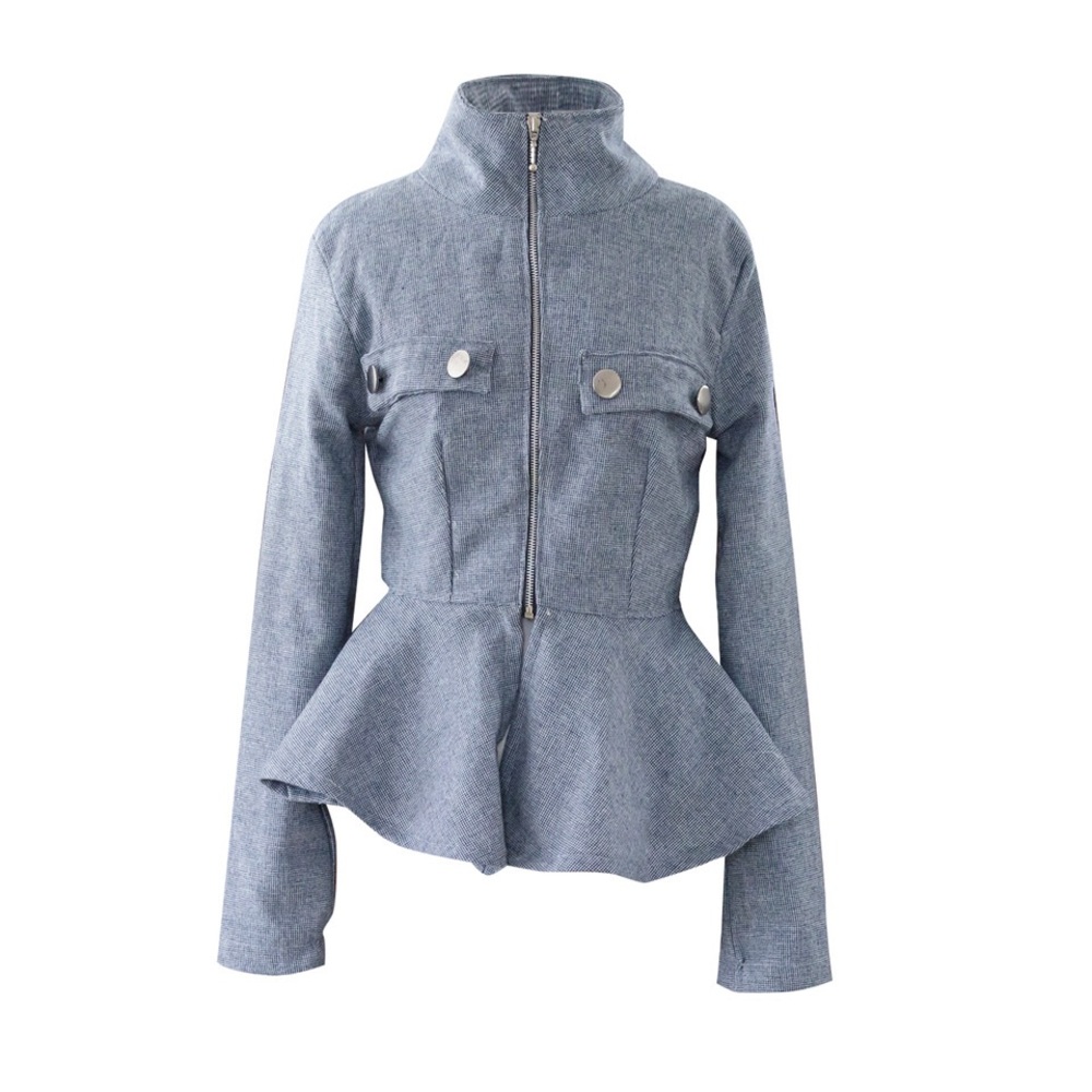 Light Blue Wool Peplum High Collared Jacket